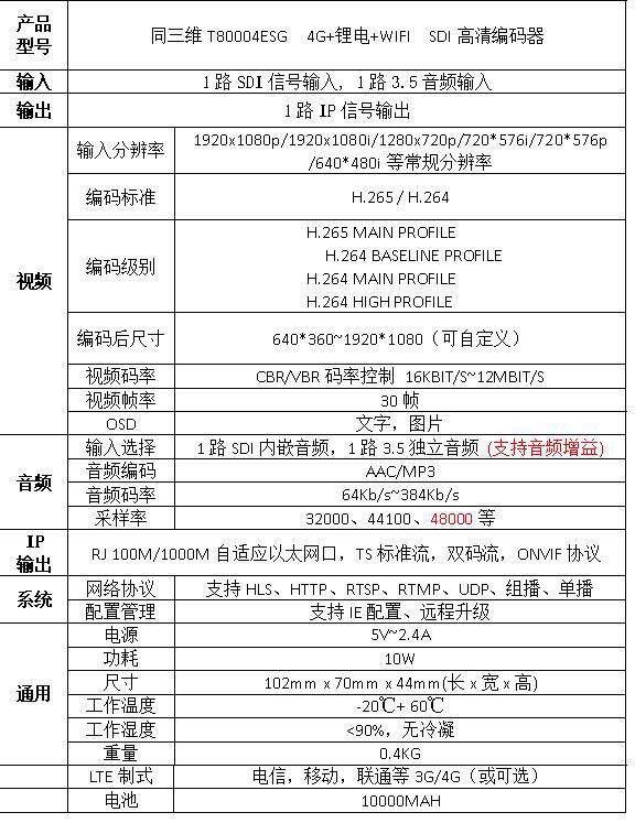 T80004EGS 4G无线H.265高清SDI推流直播编码器参数